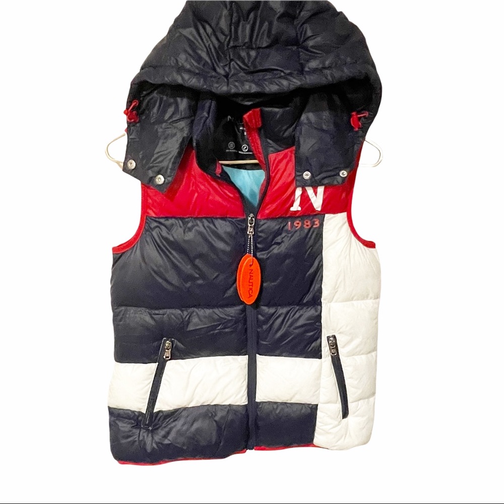 Nautica Unisex Small Red White Blue Puffer‎ Spellout Hooded Full Zip Vest